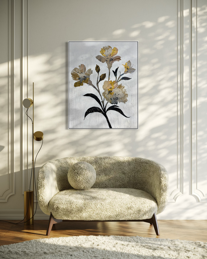 "Floral Profile" by Christopher Peter — a mixed-media collage painting on canvas depicting an elegant botanical stem of layered flowers crafted from gold leaf and marbled paper against a soft plaster-textured ivory background. Original contemporary mixed-media gold leaf botanical floral painting on canvas available at Morton Contemporary gallery.