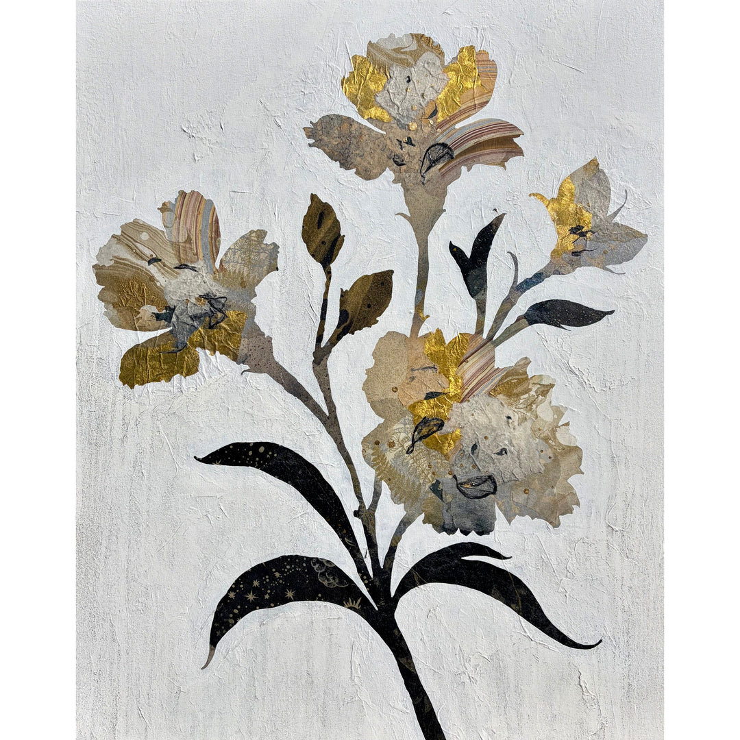 "Floral Profile" by Christopher Peter — a mixed-media collage painting on canvas depicting an elegant botanical stem of layered flowers crafted from gold leaf and marbled paper against a soft plaster-textured ivory background. Original contemporary mixed-media gold leaf botanical floral painting on canvas available at Morton Contemporary gallery.