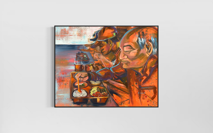 figure prison men eating food in orange jumpsuits cafeteria collage mixed media painting by keith andrews