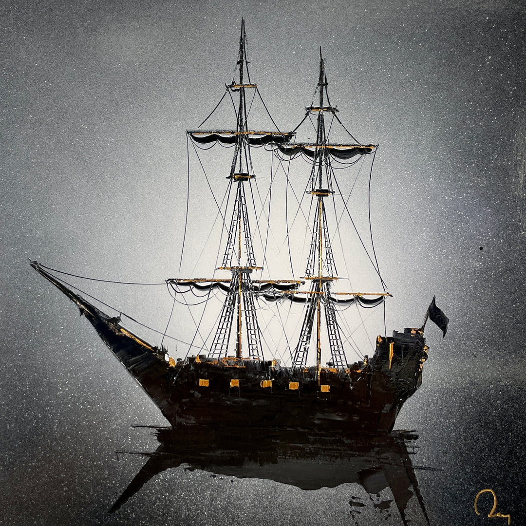 black and gold ship starry night ominous 