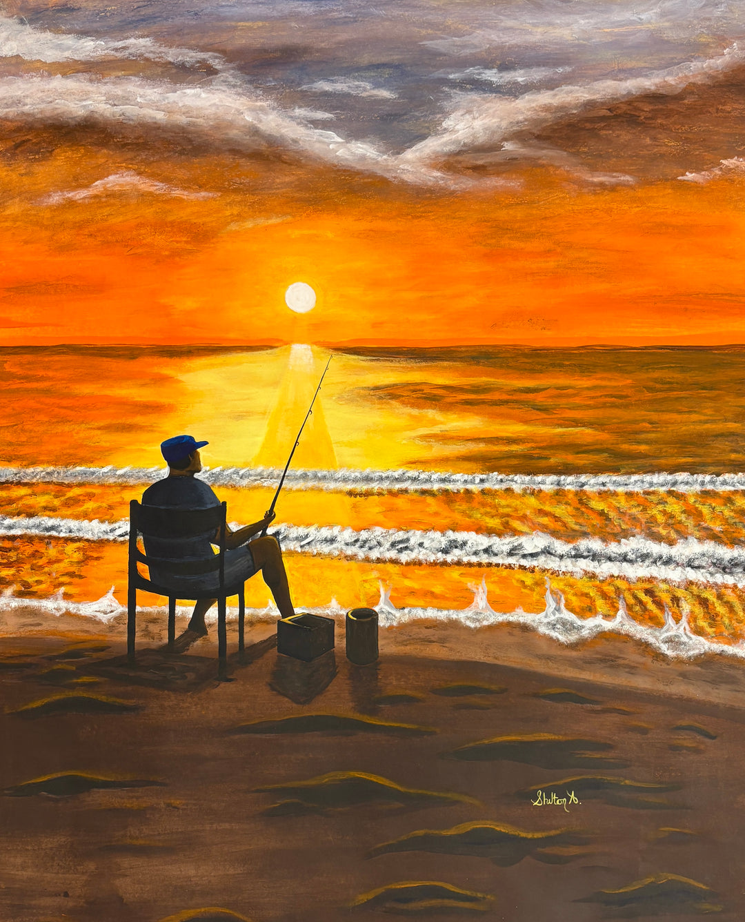 Sunset gradient man fishing ocean painting silhouette figurative orang and yellow