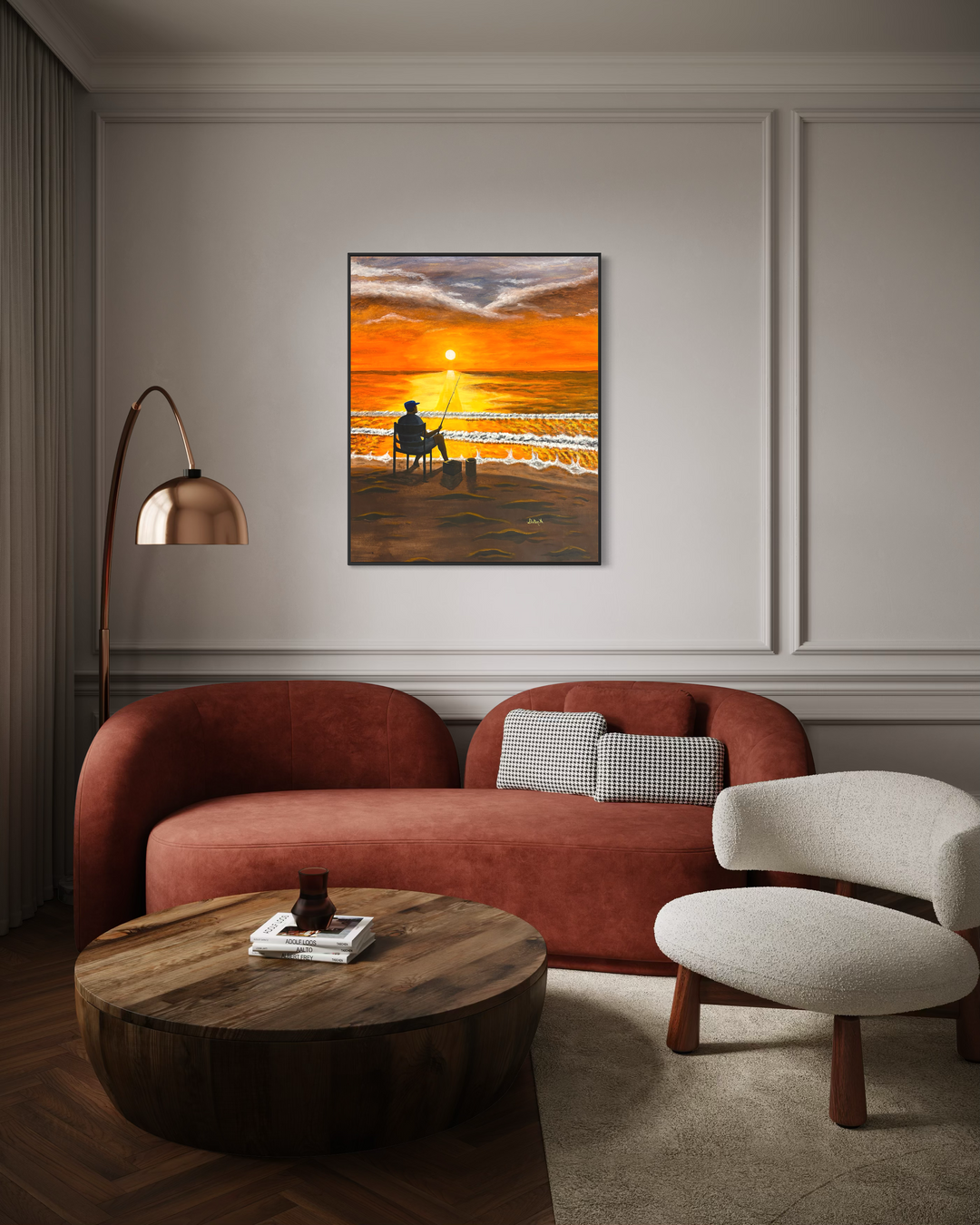 Sunset gradient man fishing ocean painting silhouette figurative orang and yellow