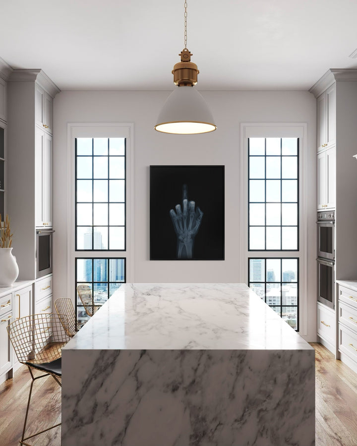 Framed Lenticular black and white x-ray photograph by Nick Veasey of a skeletal hand flipping the bird to the camera, middle finger is moving up and down 