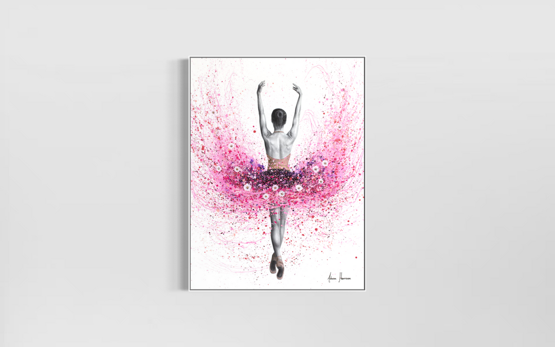 pink splatter expressionist painting tutu ballerina with white flowers black and white realism figure on white background