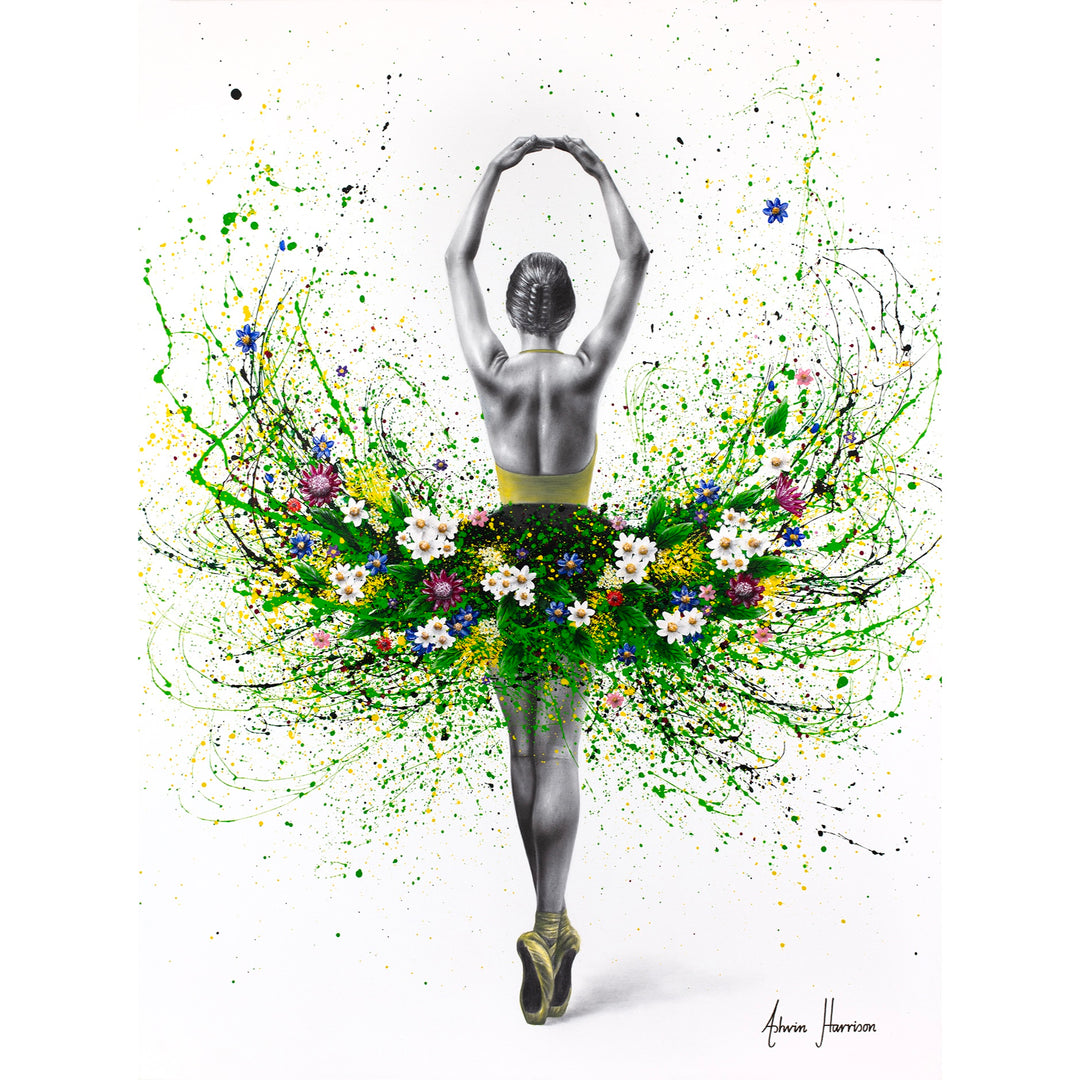 black and white ballerina dancer with arms up and green paint splatter tutu with flowers in blue pink and white on white background