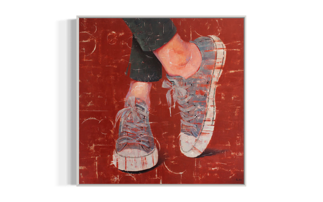 Fons Vermell, 40" x 40" artwork by Tomasa Martín. Oil and acrylic on linen painting of gray sneakers on a red background.