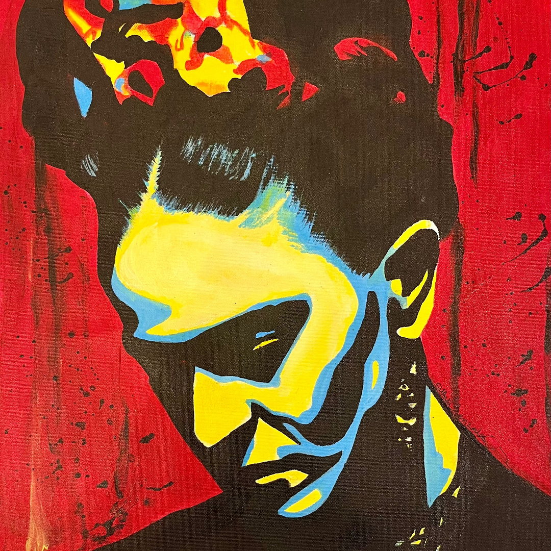 "Frida" by US-based artist Suave Gonzalez, an expressive acrylic on canvas portrait of iconic Mexican artist Frida Kahlo, depicted with her signature floral crown rendered in vivid yellow and red, her face illuminated in bold strokes of yellow and blue against a deep black silhouette and a rich red background. Dynamic paint splatters add raw energy to this powerful tribute to one of art history&