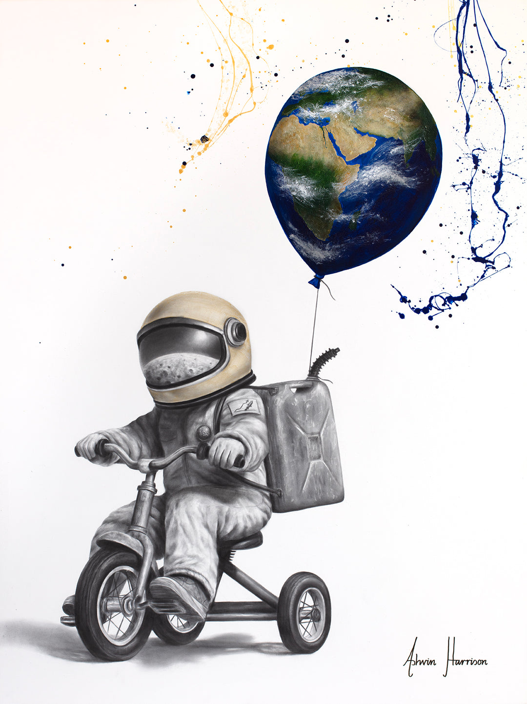 ‘Gallon Galaxy’ by Ashvin Harrison is a contemporary surrealist painting depicting a childlike astronaut riding a tricycle while carrying a fuel canister backpack and holding a balloon shaped like planet Earth. Rendered in coconut charcoal dust and acrylic on canvas, the artwork combines detailed monochromatic realism with vibrant cosmic color, expressive paint splatter techniques, and whimsical sci-fi imagery to evoke imagination, adventure, and environmental symbolism.