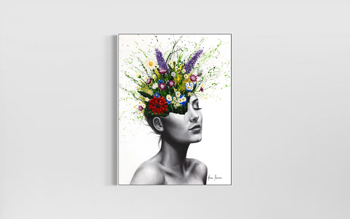 woman figure head cracking vase flowers bouquet splatter expressionism paint giclee black and white realism on white background