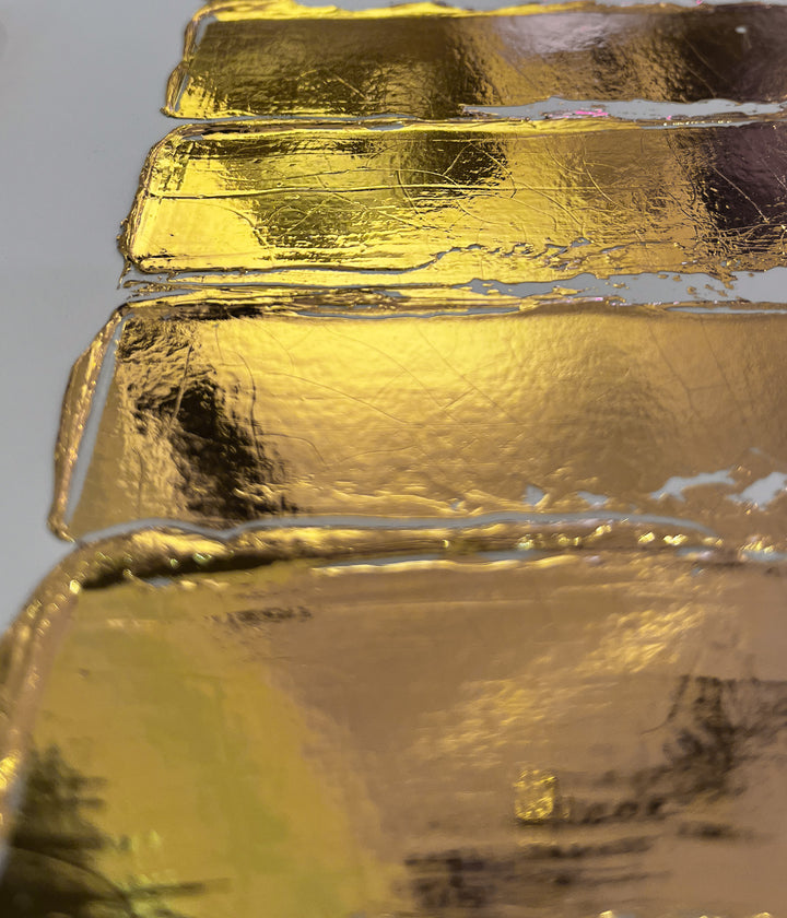 Golden Texture No. 375 by M. Clark, thick gold brush strokes on white background, gold foil artwork, abstract