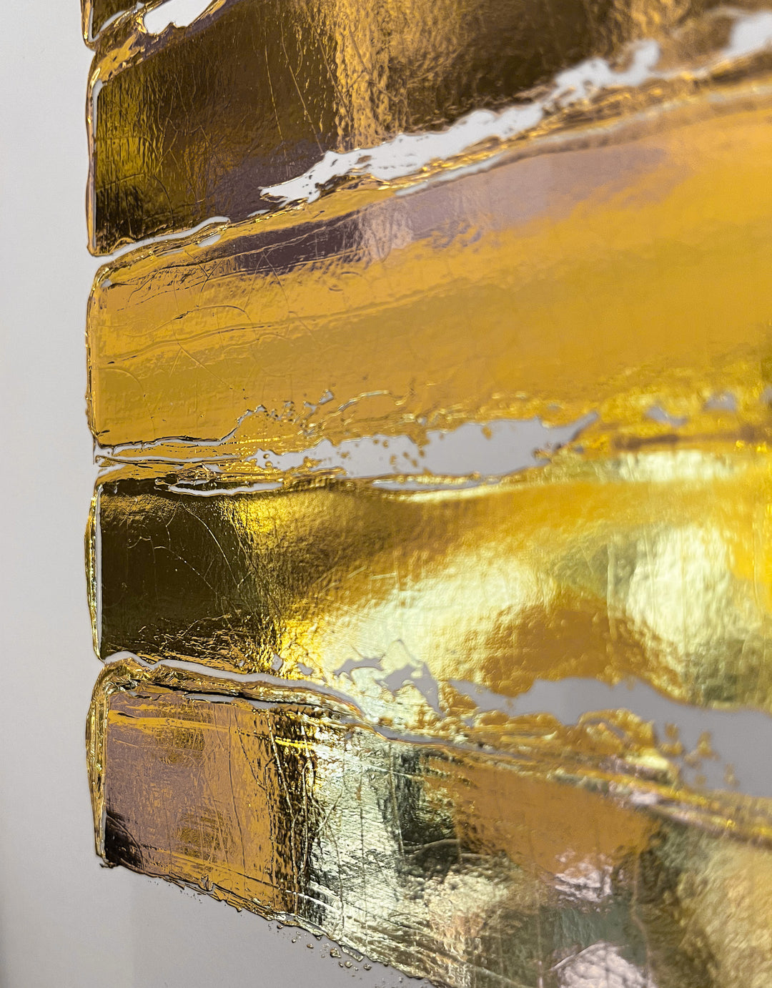 Golden Texture No. 375 by M. Clark, thick gold brush strokes on white background, gold foil artwork, abstract