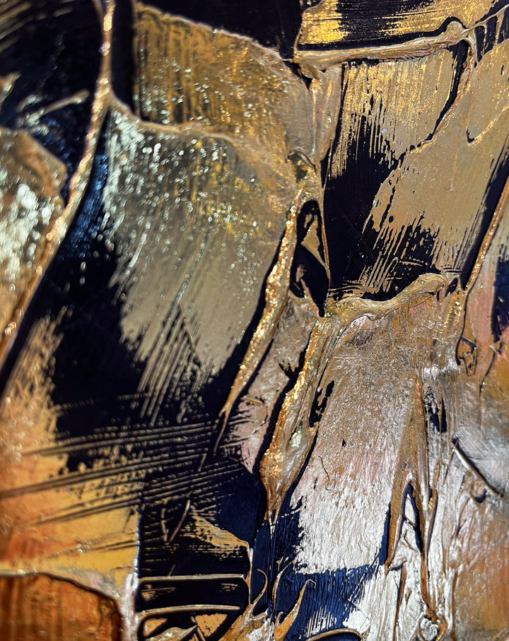 Golden Texture No. 385 by M. Clark, thick gold brush strokes on black background, gold foil artwork, abstract