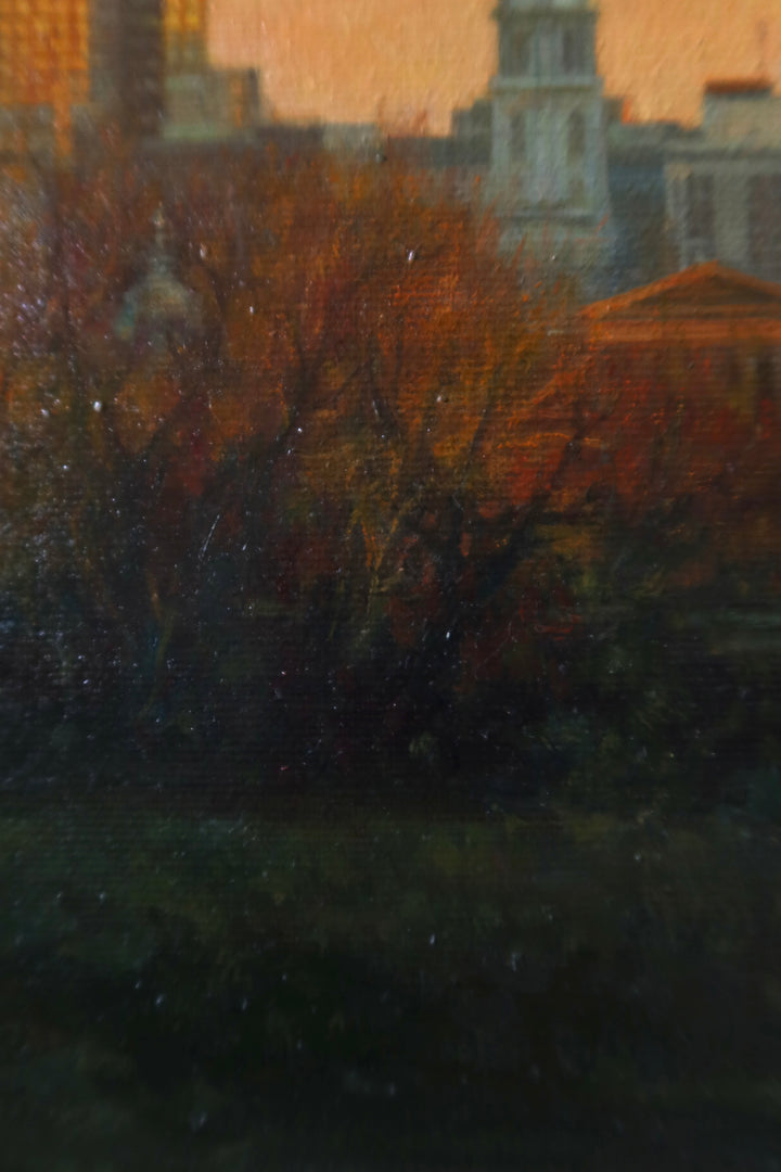 Philadelphia downtown skyscraper city skyline buildings landscape golden hour orange and yellow reflective tones in oil paint