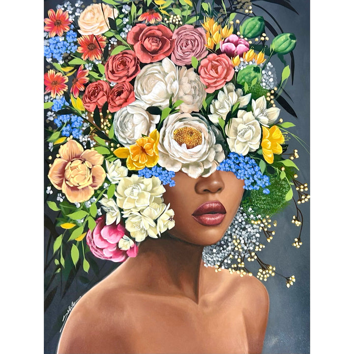 Grace by Sally K. acrylic on canvas painting of a woman with flowers surrounding her face, dark grey foreground, white, green, pink and yellow flowers. 