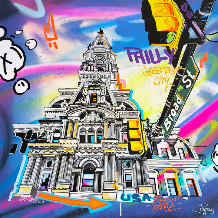 "Greatest City" acrylic graffiti painting on canvas by Pappay, depicting Philadelphia City Hall in colorful street-art style with spray-painted rainbow sky and hand-drawn text reading Philly and Greatest City