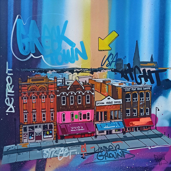 Greektown, detroit, City Scape, Graffiti, Spray Paint, Ombre, Blue