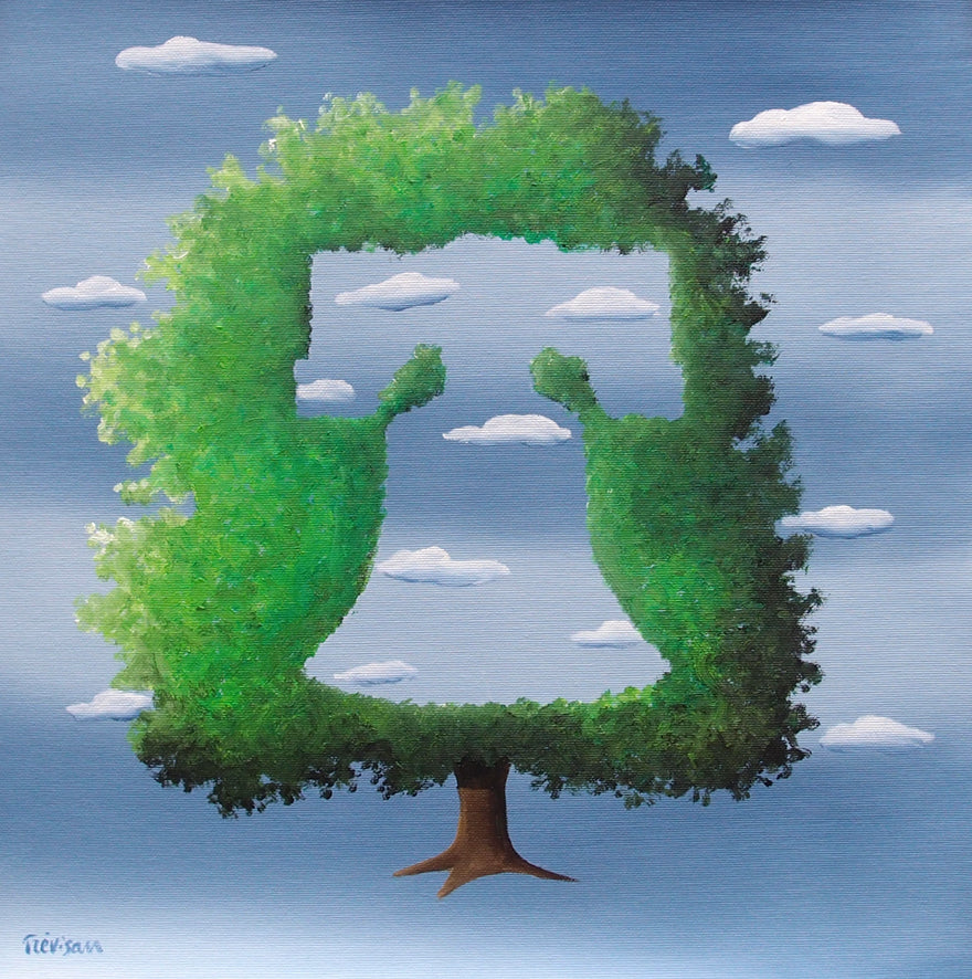 "Green Bell" by Italian artist Carlo Trevisan — a surrealist oil painting on canvas depicting a lush green tree topiary sculpted into the silhouette of the Liberty Bell against a Magritte-inspired cloudy blue sky. The ingenious composition merges Philadelphia&