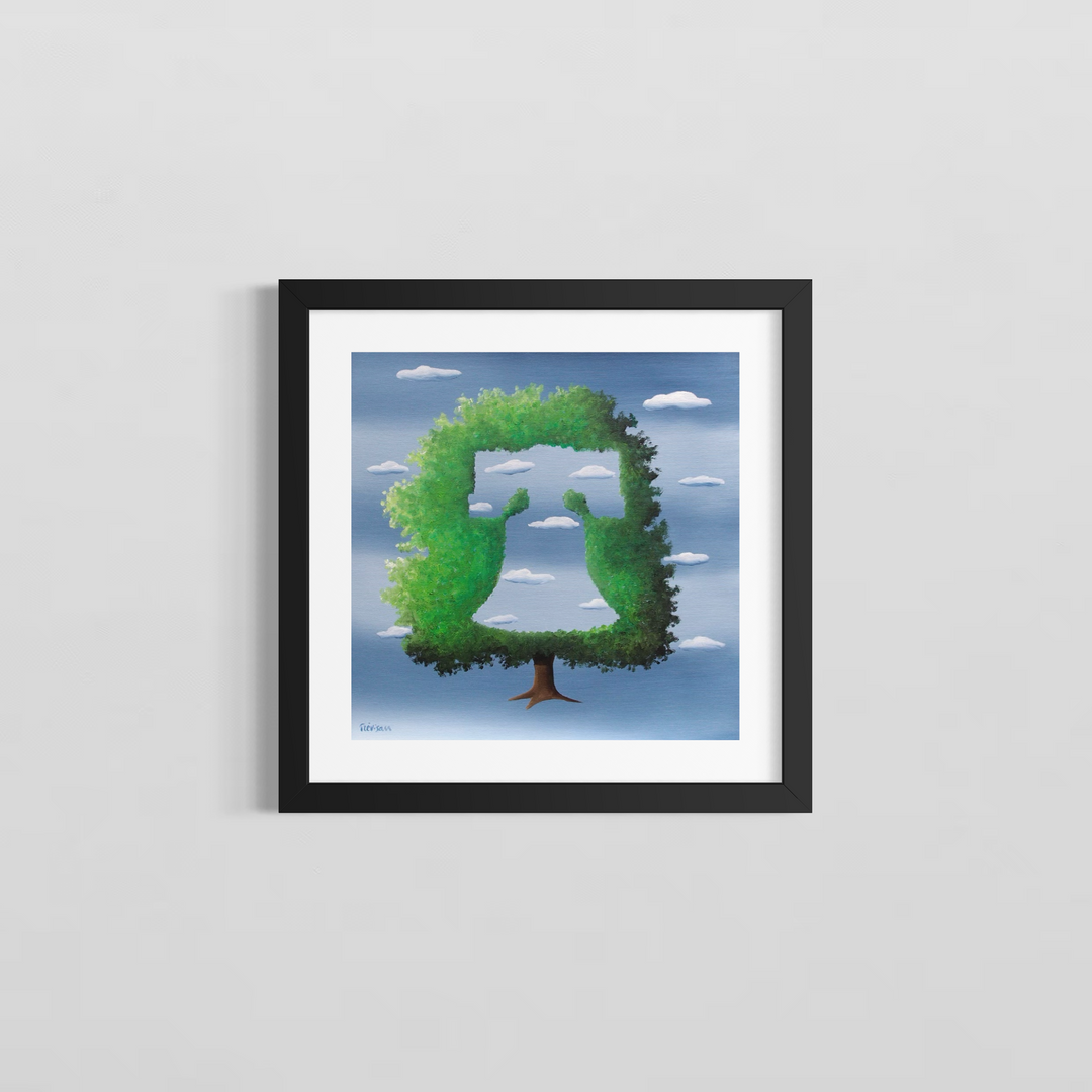 "Green Bell" by Italian artist Carlo Trevisan — a surrealist oil painting on canvas depicting a lush green tree topiary sculpted into the silhouette of the Liberty Bell against a Magritte-inspired cloudy blue sky. The ingenious composition merges Philadelphia&