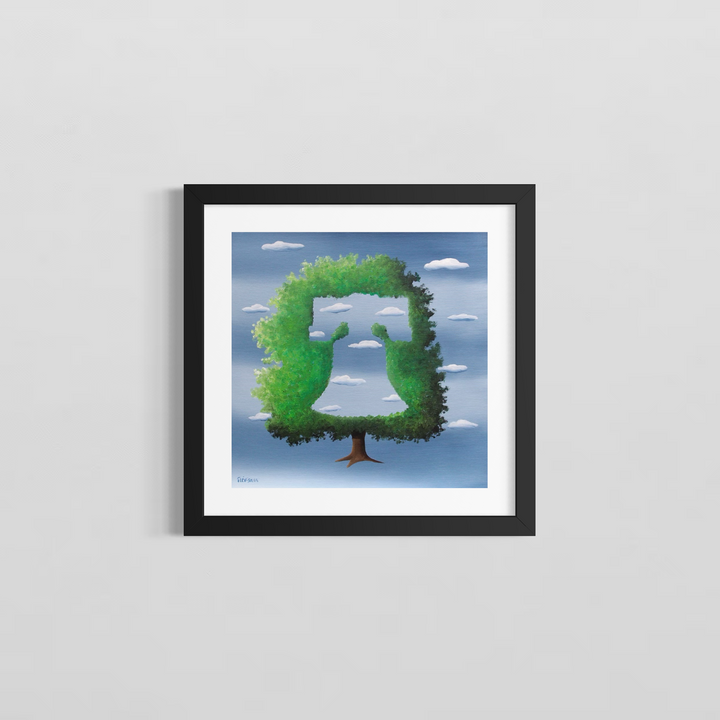 "Green Bell" by Italian artist Carlo Trevisan — a surrealist oil painting on canvas depicting a lush green tree topiary sculpted into the silhouette of the Liberty Bell against a Magritte-inspired cloudy blue sky. The ingenious composition merges Philadelphia&