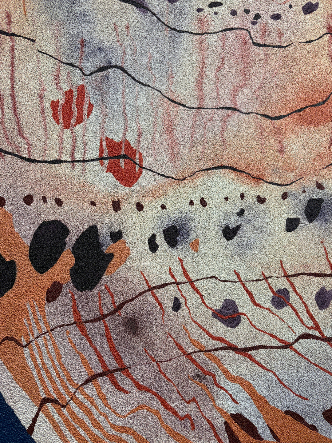 pumice primed canvas textured with rough rock surface in oil paint creating abstract paintings inspired by natural patterns in nature organic shapes gradient background opaque color blocking line work weight  sea shell in pink peach tones by local artist Erin Touey
