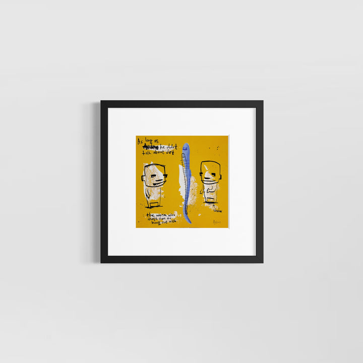 Comic doodle illustration in ink with blue worm on yellow background line drawing figures funny humor  