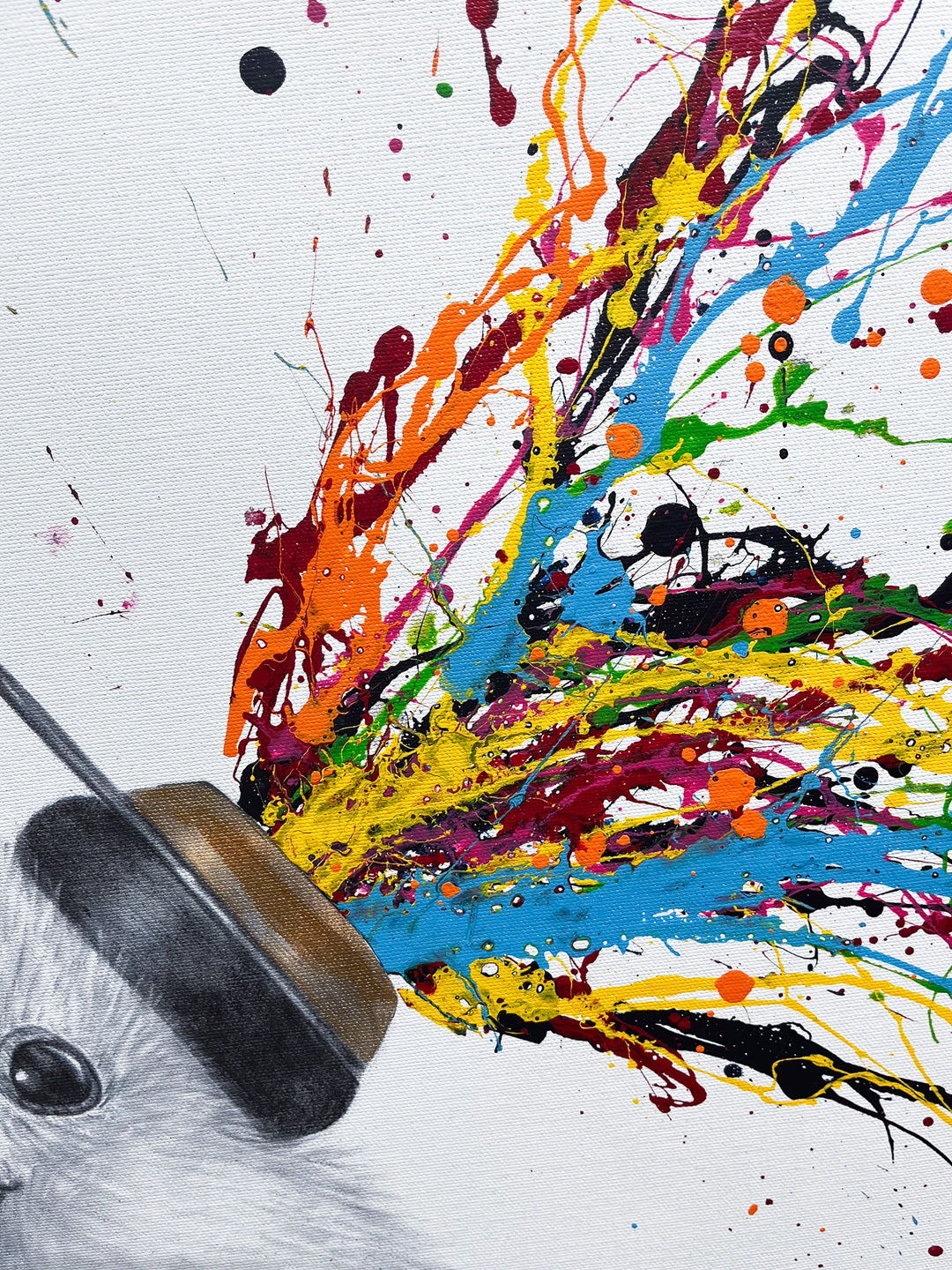 Happy Fluffy Funky Beats by Ashvin Harrison, fluffy baby bird with headphones, colorful splattered paint and coconut charcoal