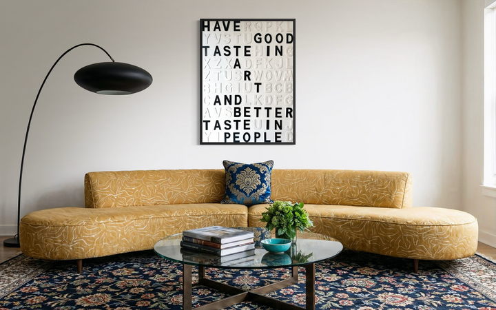 Steffanie Gerkin Have Good Taste White 3D, a contemporary mixed-media text artwork made with wood and acrylic on canvas, featuring raised black and white letters in a bold typographic composition.
