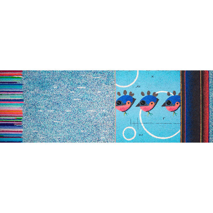 Blue and pink pigmented crushed volcanic rock art featuring birds and stripes, by Bob Landstrom, 21 x 61", wide horizontal art