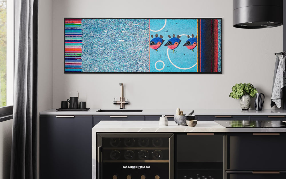 Blue and pink pigmented crushed volcanic rock art featuring birds and stripes, by Bob Landstrom, 21 x 61", wide horizontal art