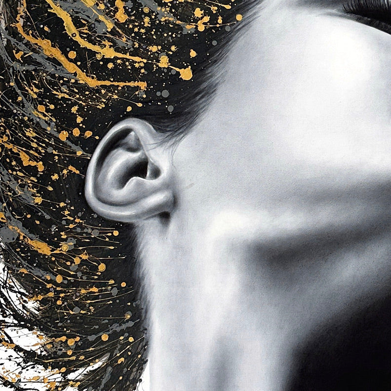 Woman flipping her hair, as golden and black paint splattered, high contrast painting