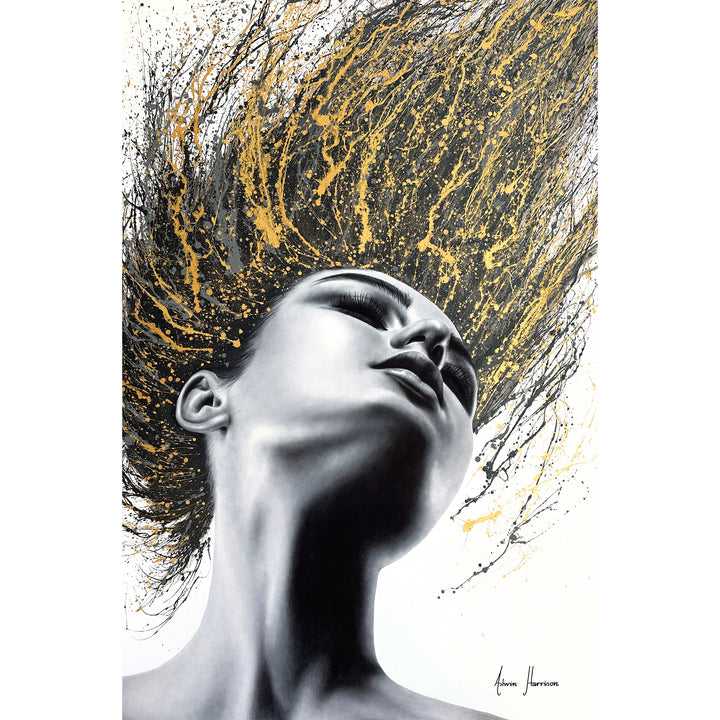 Woman flipping her hair, as golden and black paint splattered, high contrast painting