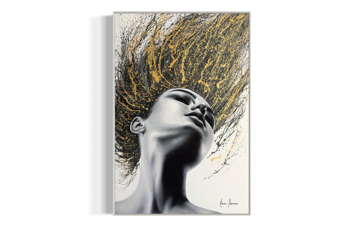 Woman flipping her hair, as golden and black paint splattered, high contrast painting