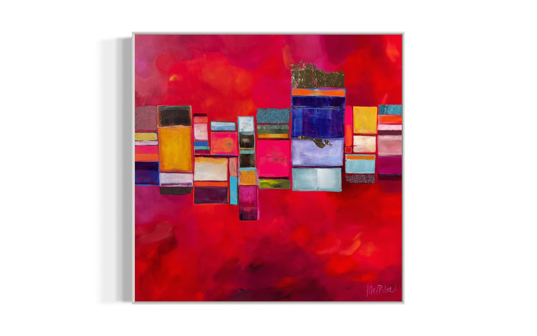 31" x 31" acrylic and gold leaf painting by Lau Blou. Square and rectangles in blue white orange pink yellow and gold foil across center of painting, on cloudy pink and purple background