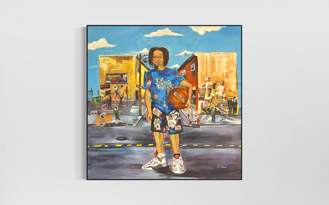 young black boy with basketball in street cityscape philadelphia keith andrews mixed media collage painting retro logos magazine clipping paper and acrylic