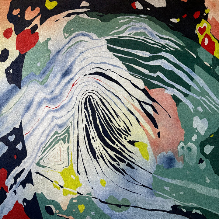 pumice primed canvas textured with rough rock surface in oil paint creating abstract paintings inspired by natural patterns in nature organic shapes gradient background opaque color blocking line work weight  green blue tones create fingerprint pattern identity with pops of red throughout  by local artist Erin Touey