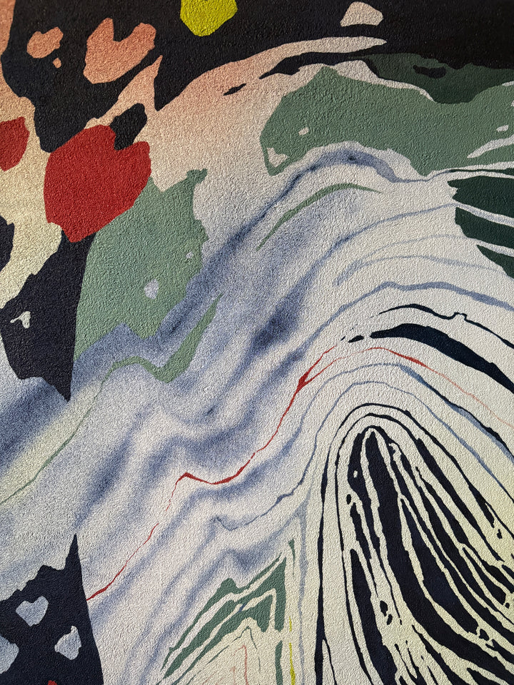 pumice primed canvas textured with rough rock surface in oil paint creating abstract paintings inspired by natural patterns in nature organic shapes gradient background opaque color blocking line work weight  green blue tones create fingerprint pattern identity with pops of red throughout  by local artist Erin Touey