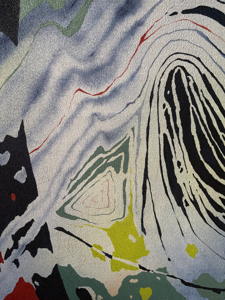 pumice primed canvas textured with rough rock surface in oil paint creating abstract paintings inspired by natural patterns in nature organic shapes gradient background opaque color blocking line work weight  green blue tones create fingerprint pattern identity with pops of red throughout  by local artist Erin Touey
