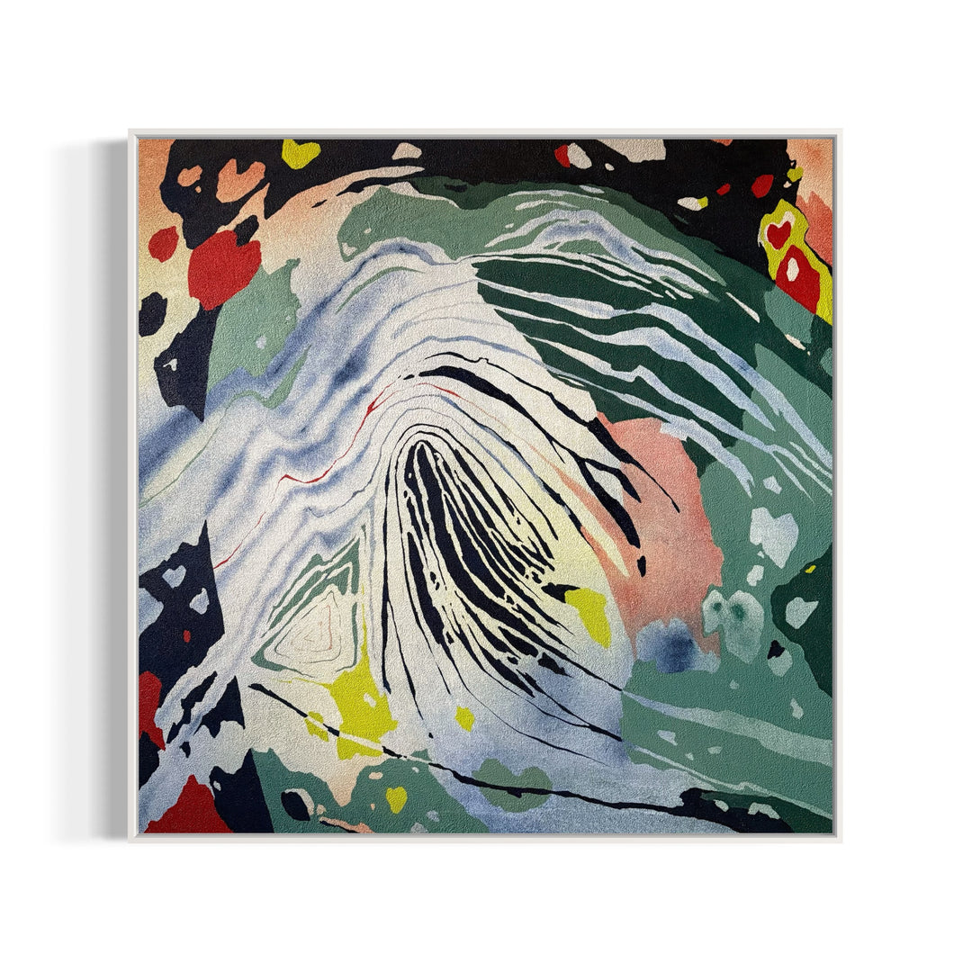 pumice primed canvas textured with rough rock surface in oil paint creating abstract paintings inspired by natural patterns in nature organic shapes gradient background opaque color blocking line work weight  green blue tones create fingerprint pattern identity with pops of red throughout  by local artist Erin Touey