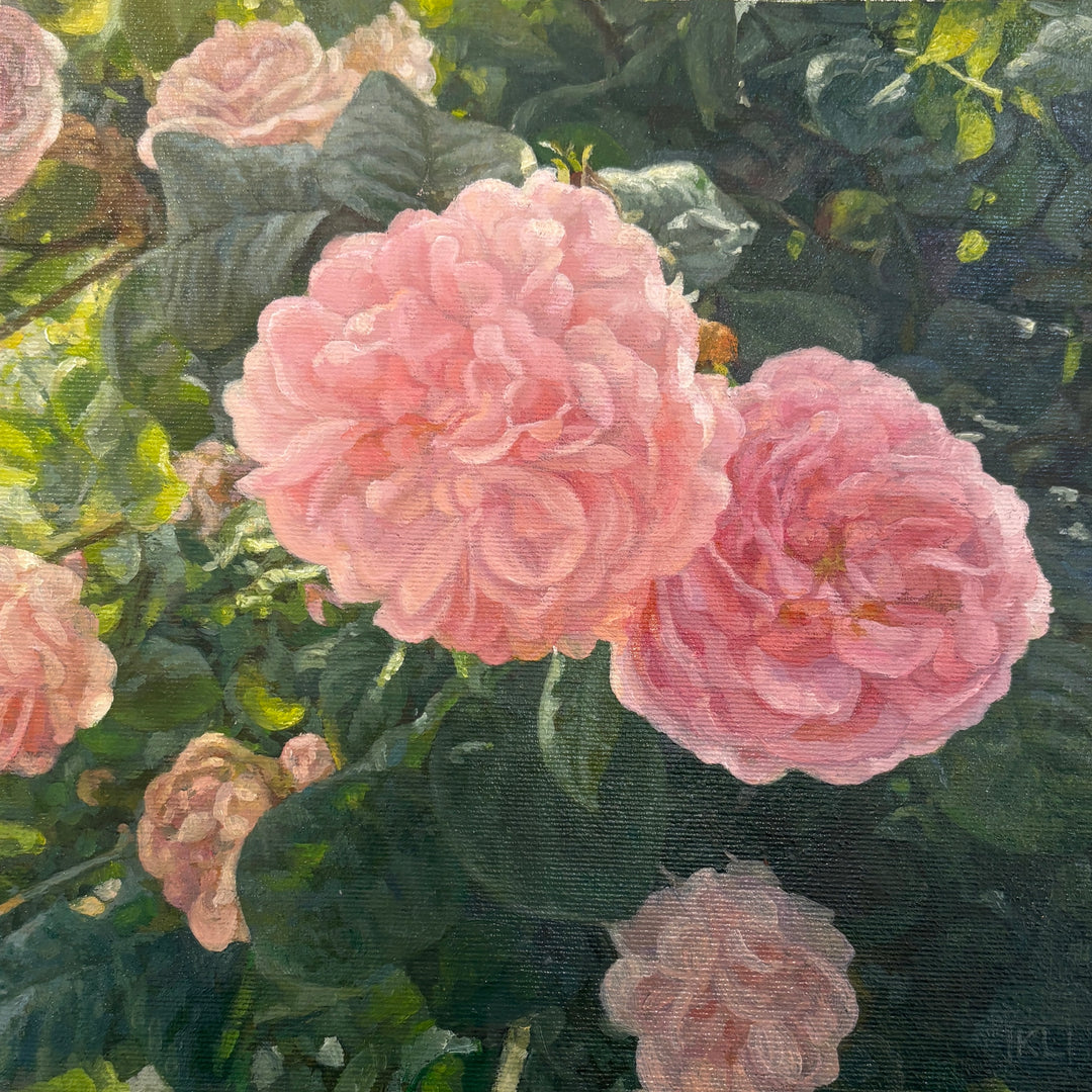Photorealistic oil painting of pink roses with dark green leaves in the foreground