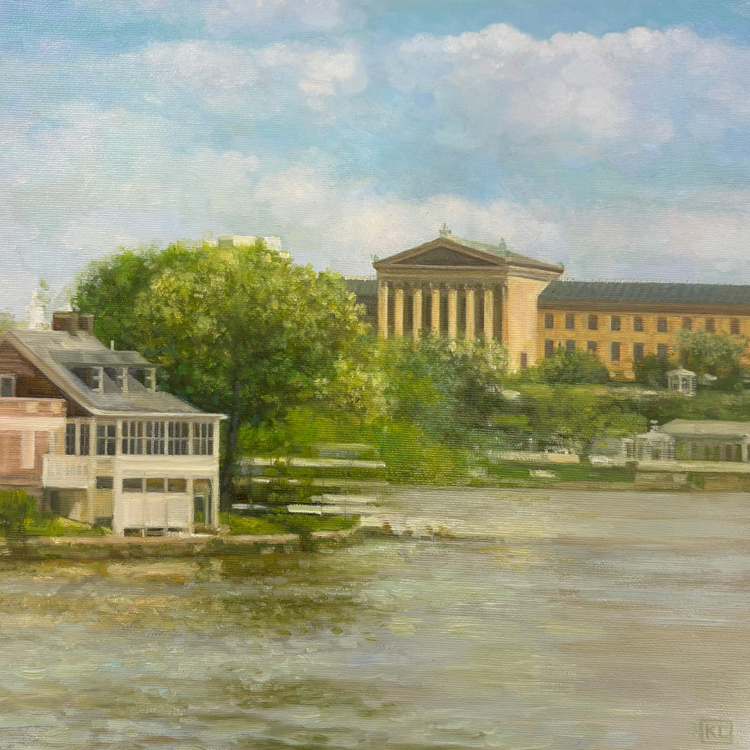 Landscrape oil painting of the Schuylkill River with the Philadelphia Art Museum in the foreground