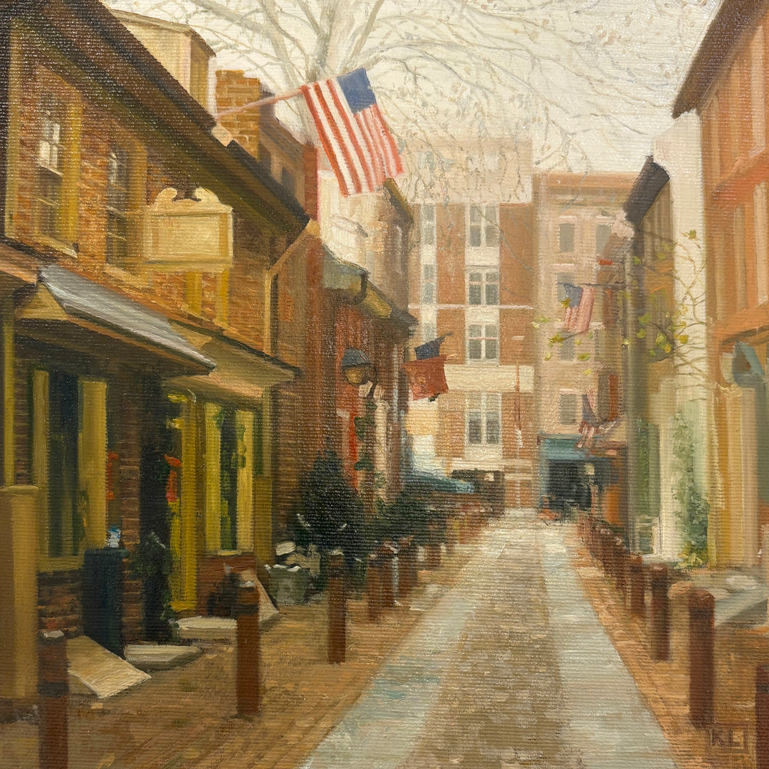Oil painting of Elfreth’s Alley in philadelphia PA