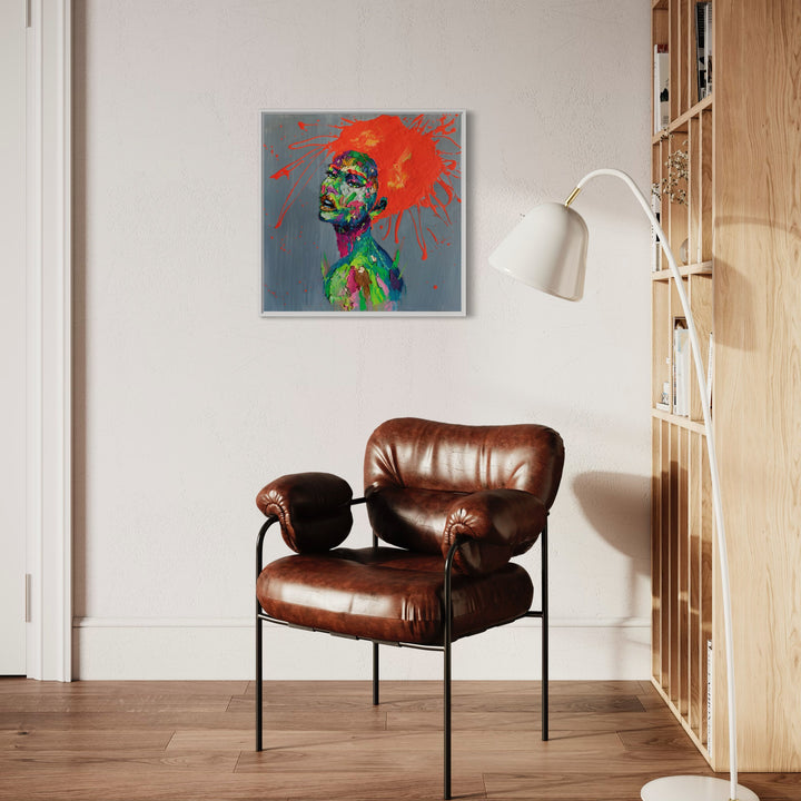 woman facing left with 3/4 profile view with skin made of thick layer of green pink red orange purple yellow impasto acrylic paint, with splattered orange hair on blue background