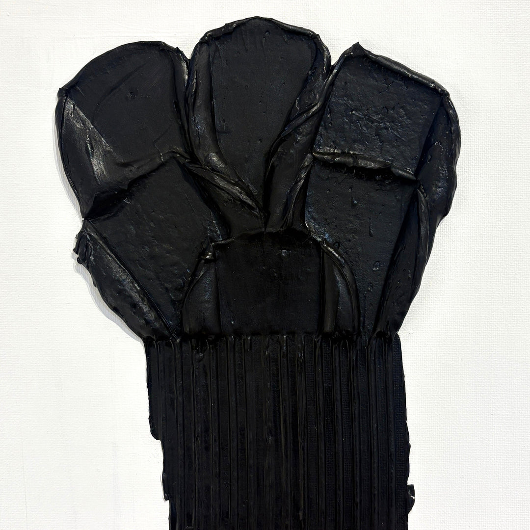 6 blobs of black paint scraped down on canvas with lines on white background
