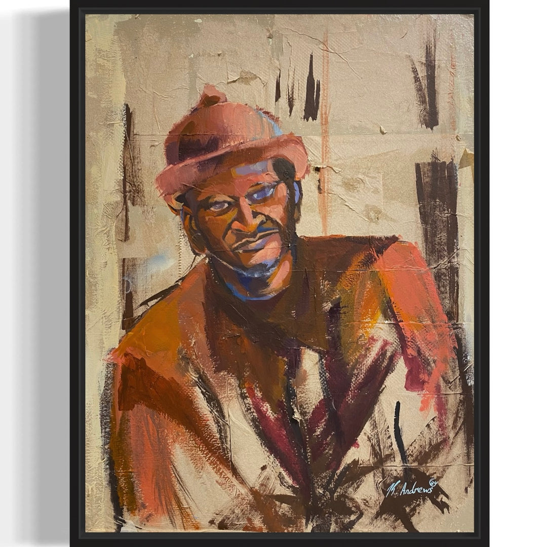 older man expressionist color painted face in brown orange and hints of blue