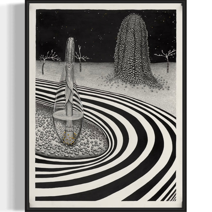 surreal landscape in black and white with trees sky and rings on ground 