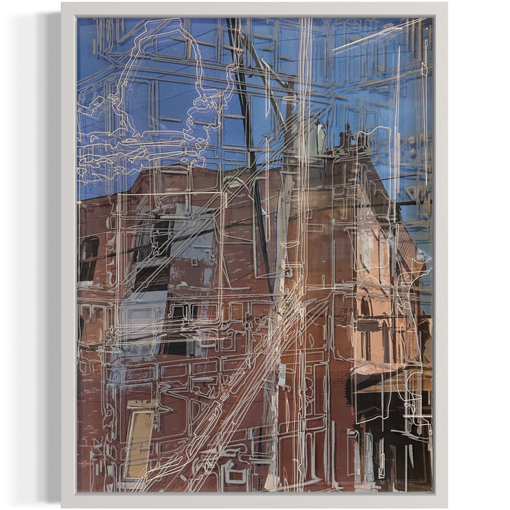 muted color illustrative painting of a corner house in Philadelphia abstract line drawing doodle layered on top with lights