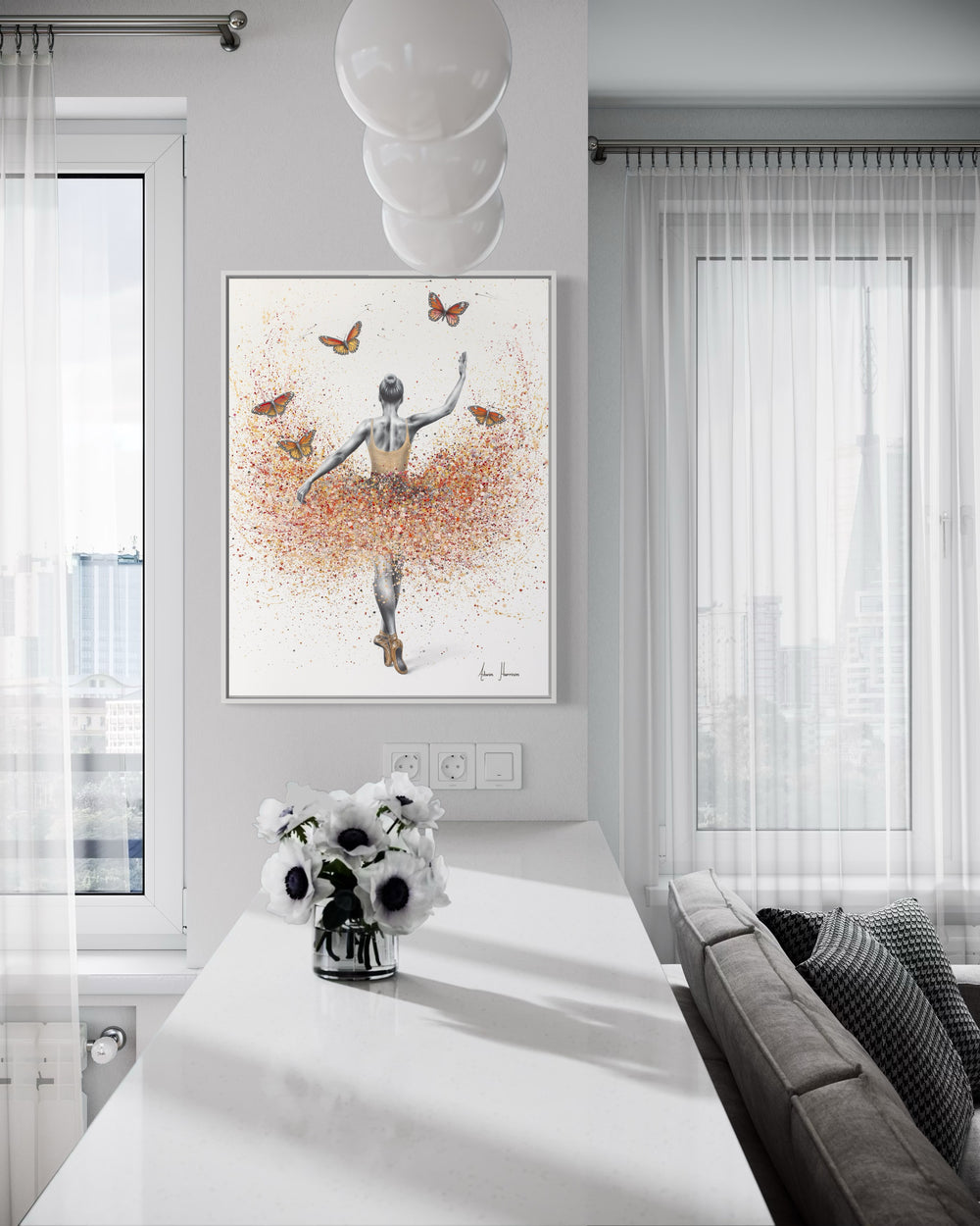 ballerina figure woman in black and white wearing orange dress with orange splatter paint tutu and orange monarch butterflies on white background