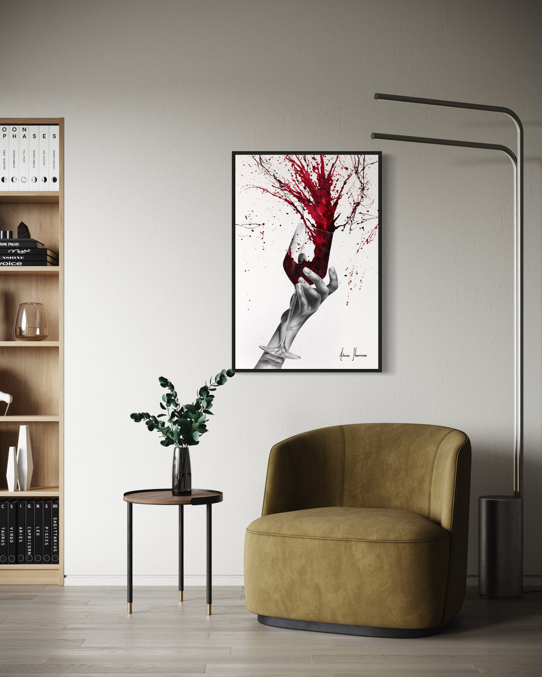 black and white hand holding wine glass red paint splattering out of glass onto background red paint splatter