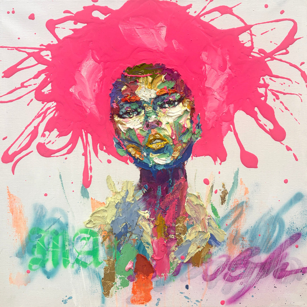 front facing portrait of woman with pink splattered paint hair and skin made of green red blue yellow purple and pink in impasto thick acrylic with details of gold foil and gestural marks of color at bottom of canvas on white background