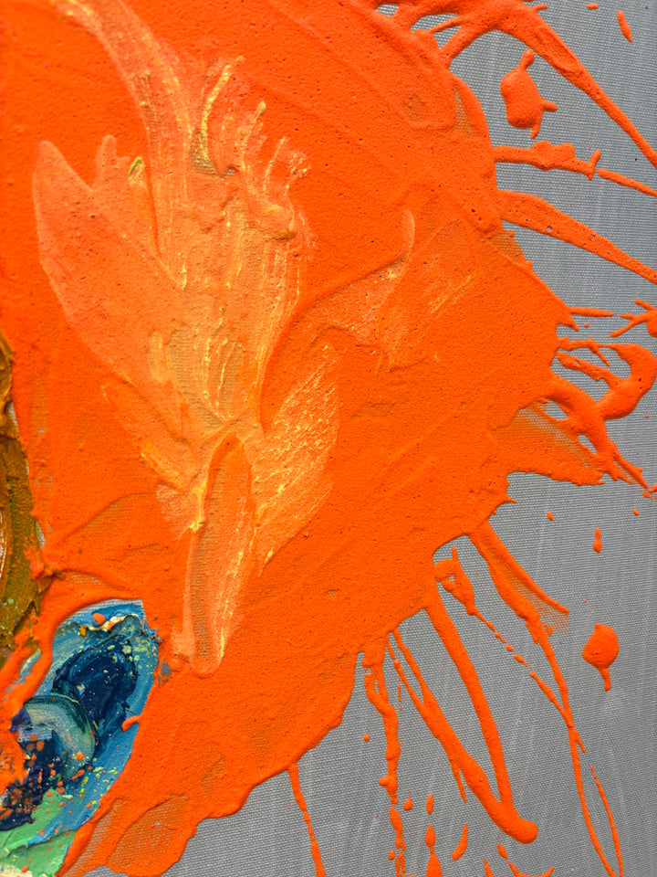 woman facing left with 3/4 profile view with skin made of thick layer of green pink red orange purple yellow impasto acrylic paint, with splattered orange hair on blue background